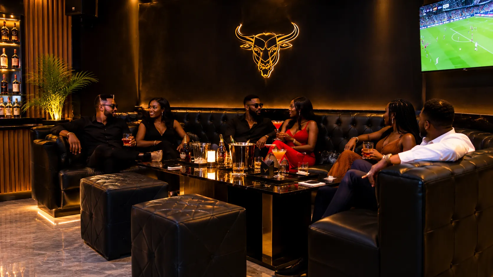 Guests relaxing in black leather lounge booths beneath a gold bull emblem
