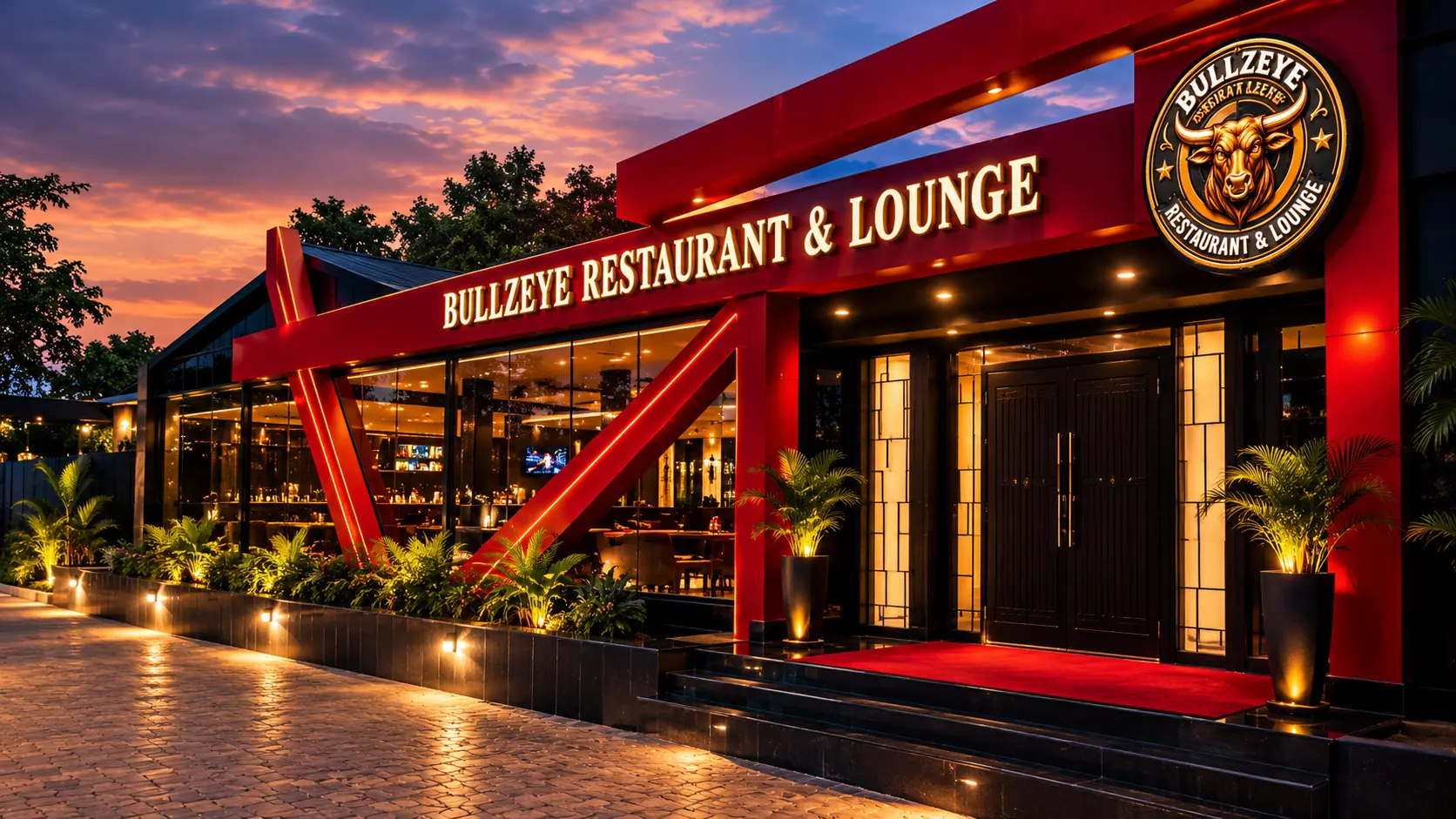 Illuminated red entrance of Bullzeye Restaurant & Lounge at dusk, with the round logo and signage above the glass doors